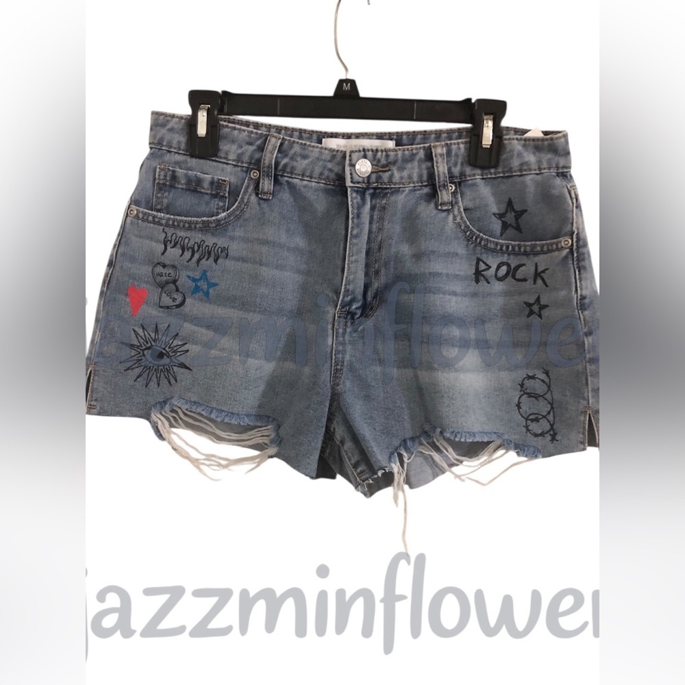 Playboy blue jeans shredded distressed hem bunny logo denim shorts size 11 new